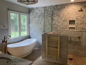 Heated towel rack and wood-look porcelain flooring